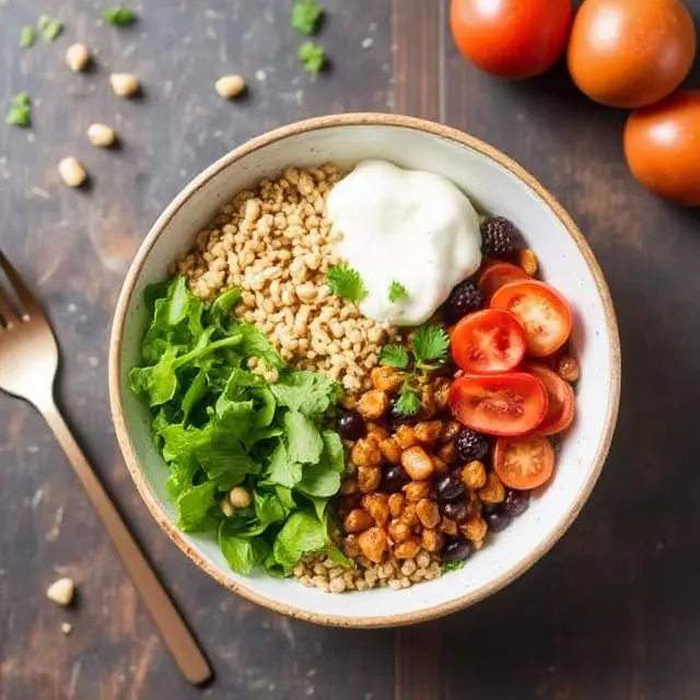 A nutritious and hearty grain bowl packed with healthy ingredients.