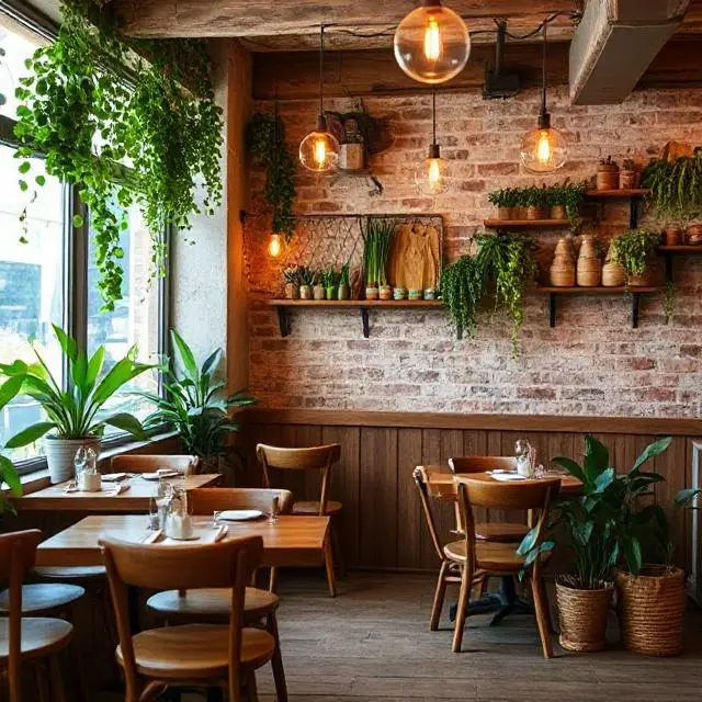 Warm and inviting vegetarian bistro featuring rustic wooden decor and cozy seating.