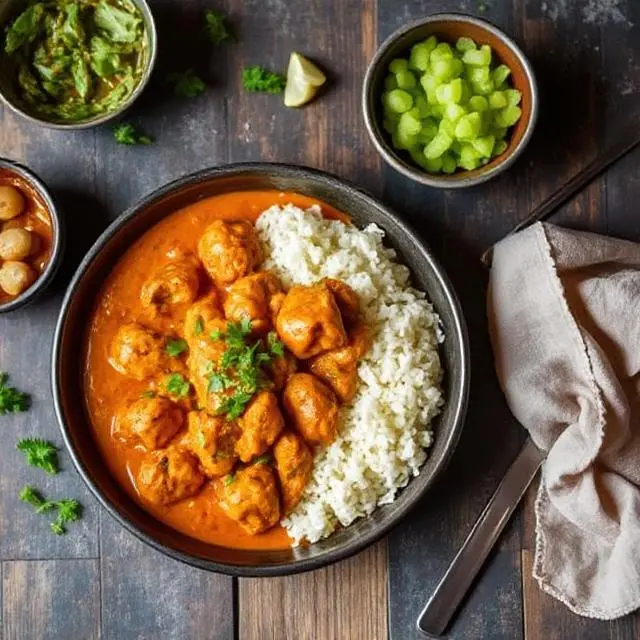 Serving suggestions for butter chicken, including pairing with rice and naan.