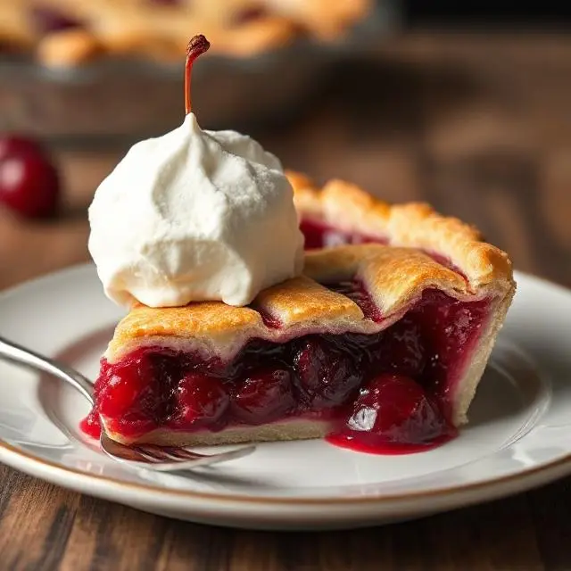 Cherry pie slice served with ice cream