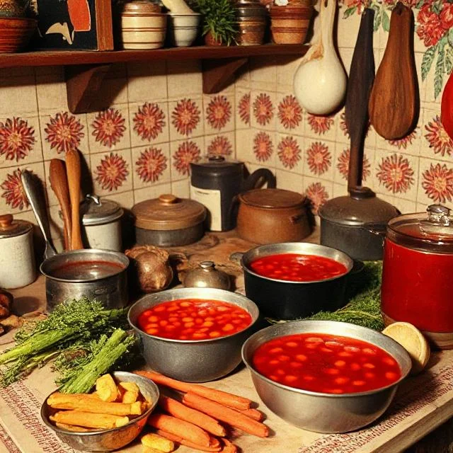 Traditional borscht-making in a rustic Ukrainian kitchen